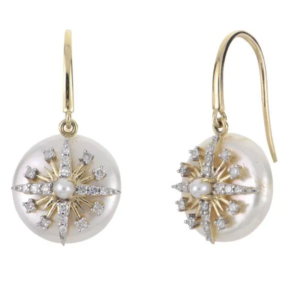 14k Gold Pearl Starburst Drop Earrings