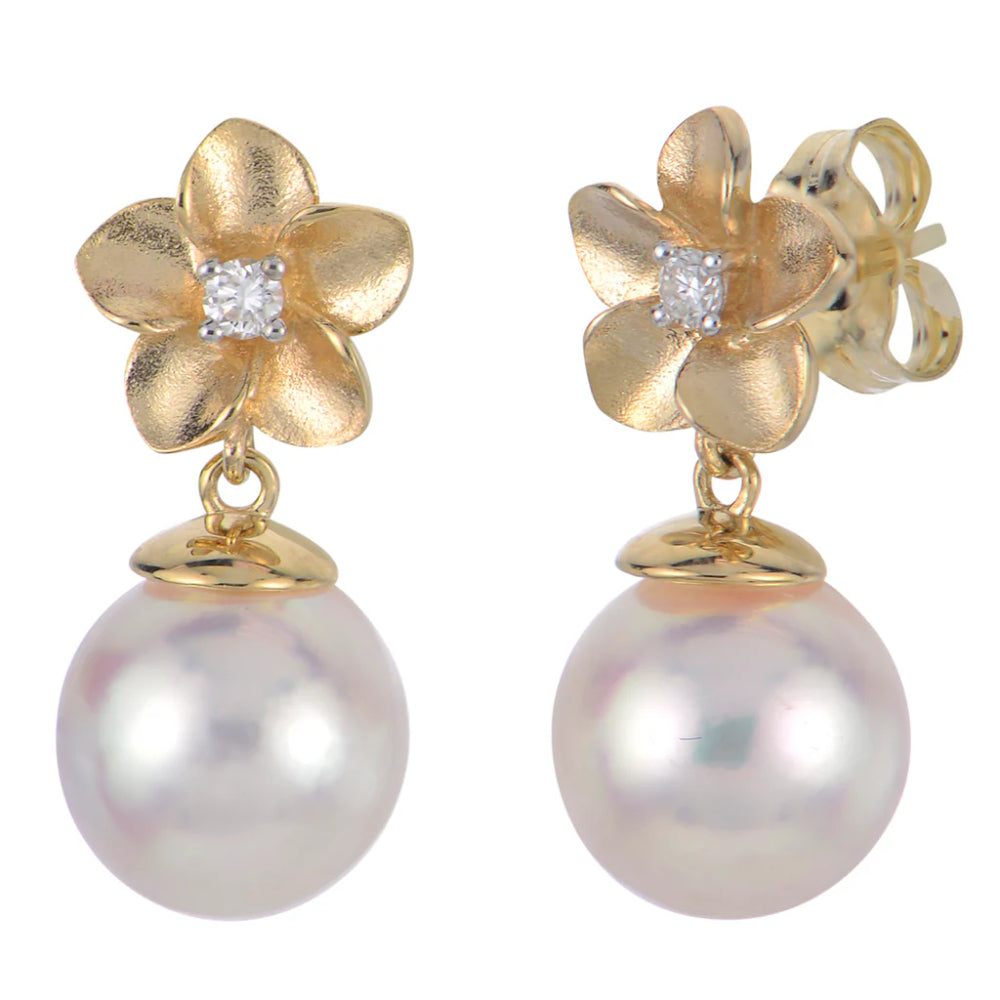 14k Gold Akoya Pearl Flower Drop Earrings