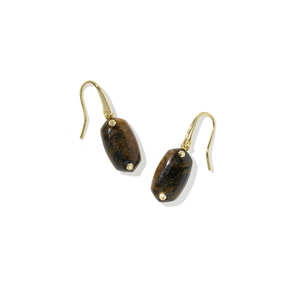 A pair of drop earrings featuring polished dark brown tiger's eye beads suspended from gold-tone French hooks, set against a plain white background.