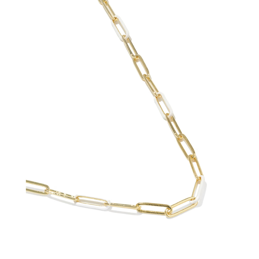 A gold paperclip chain necklace shown against a plain white background.
