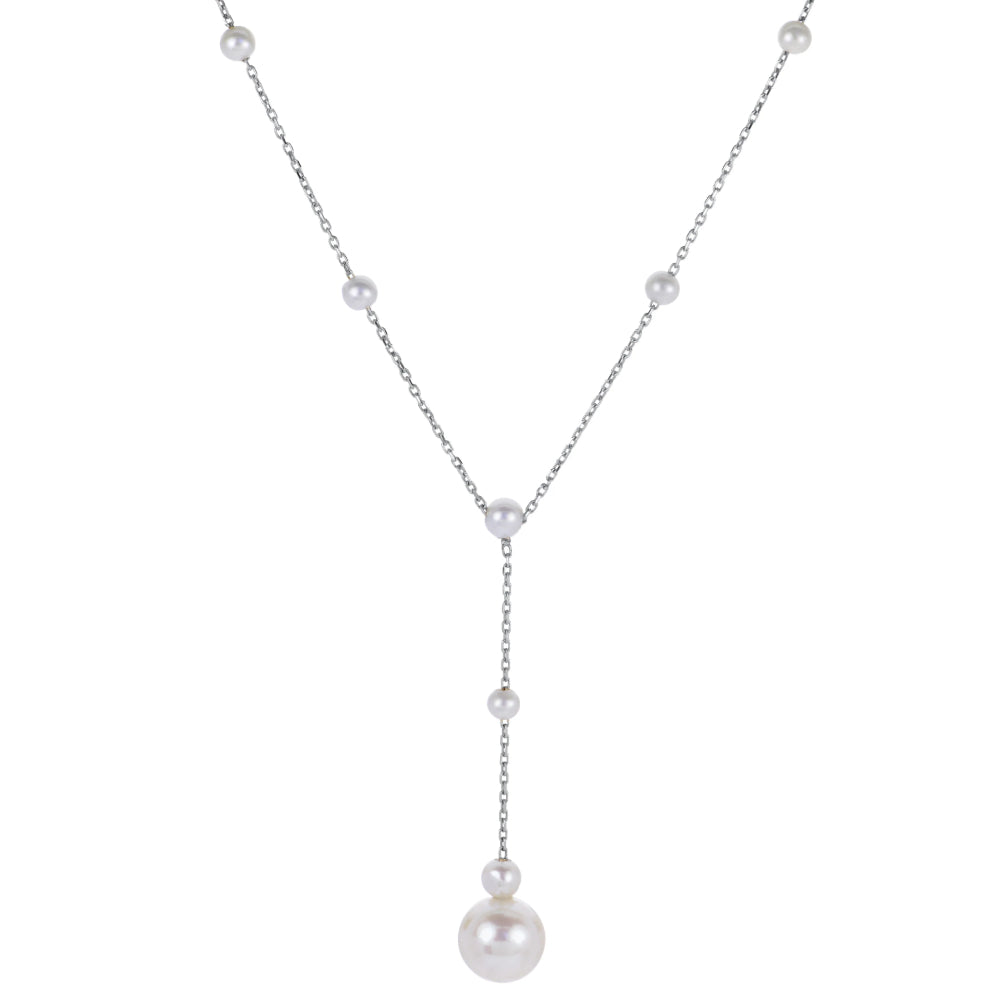 Pearl necklace with a silver chain on a white background
