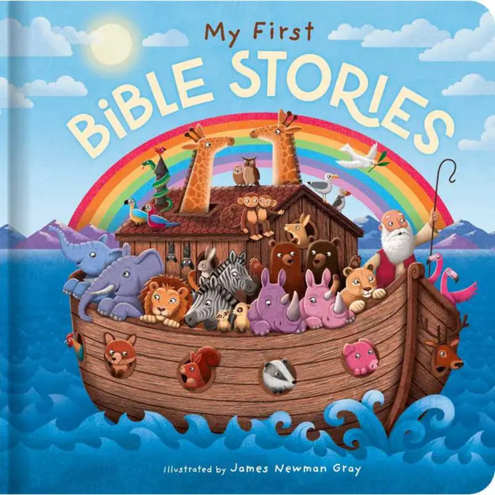Children's book cover titled 'My First Bible Stories' with a colorful illustration of Noah's Ark.