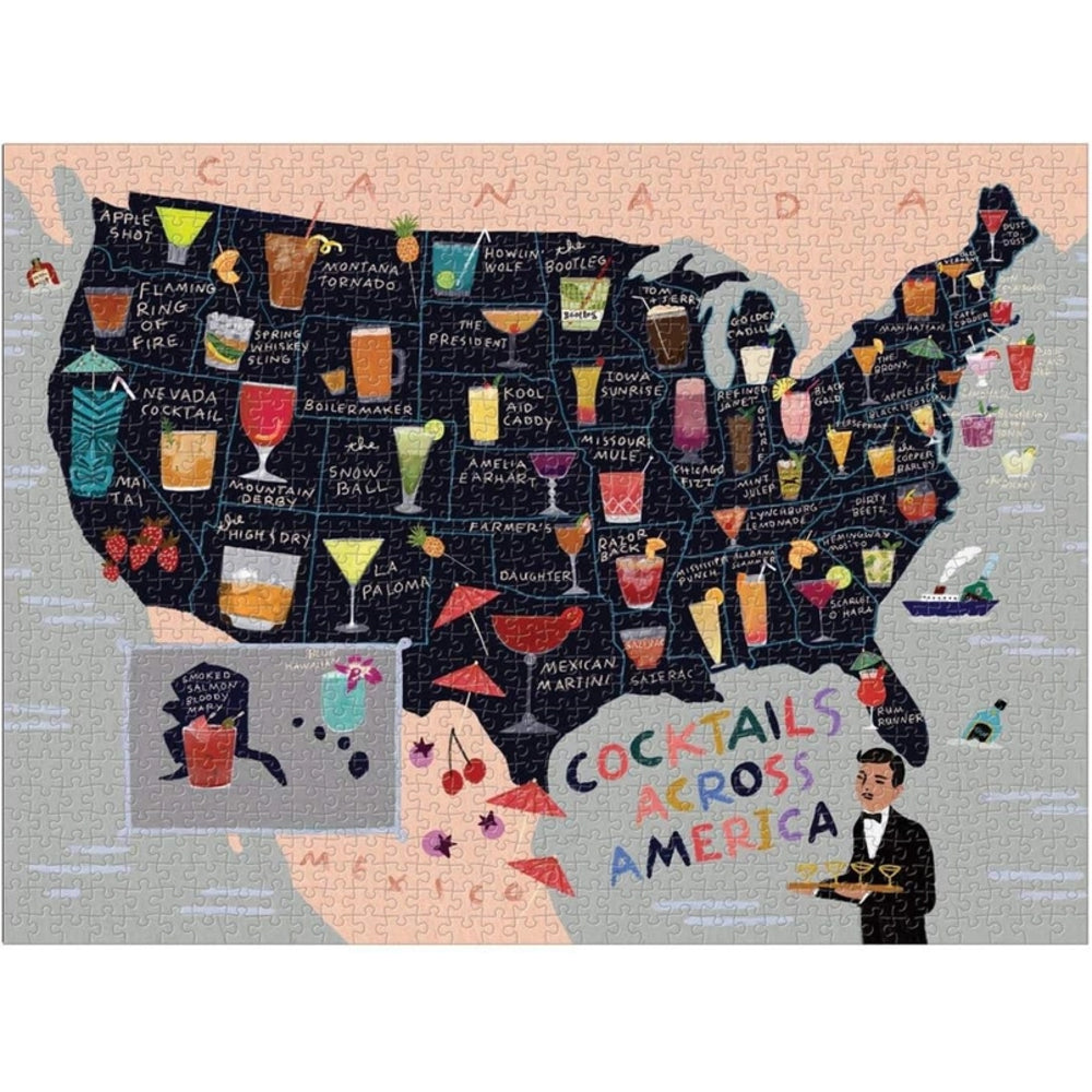 Map of the United States with various cocktails illustrated on it, titled 'Cocktails Across America'.