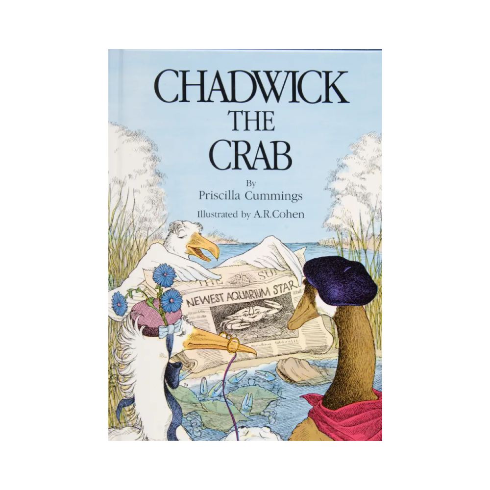 The book 'Chadwick The Crab' with illustrations of a crab and geese on the Chesapeake Bay on a white backround.