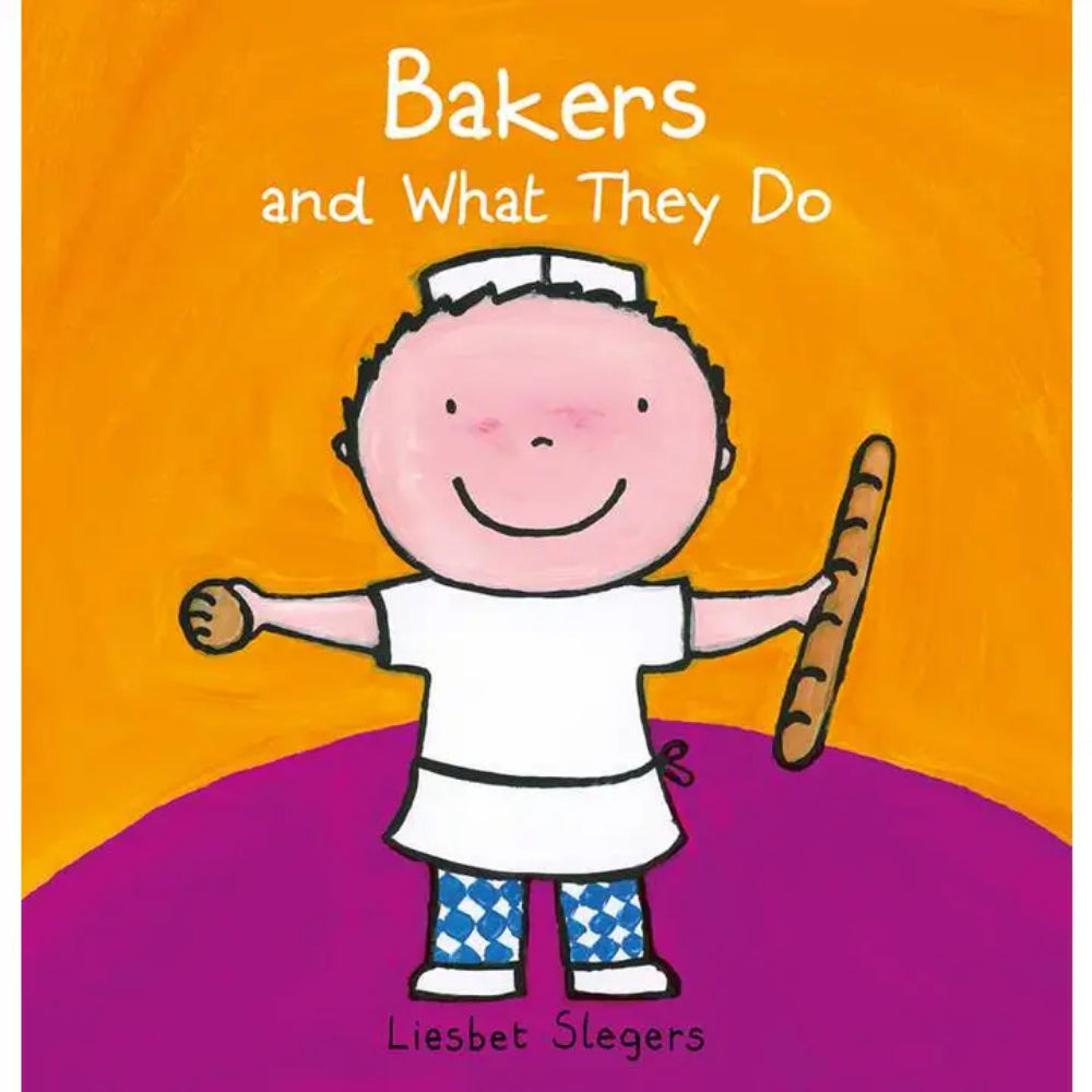 Book cover of 'Bakers and What They Do' with a cartoon character holding a loaf of bread against an orange and purple background.