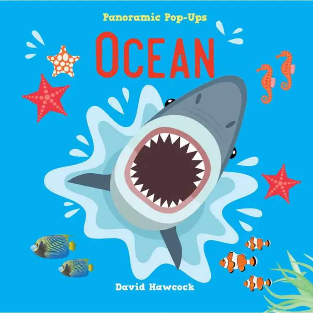 Book cover of 'Ocean' with a shark illustration and sea creatures on a blue background