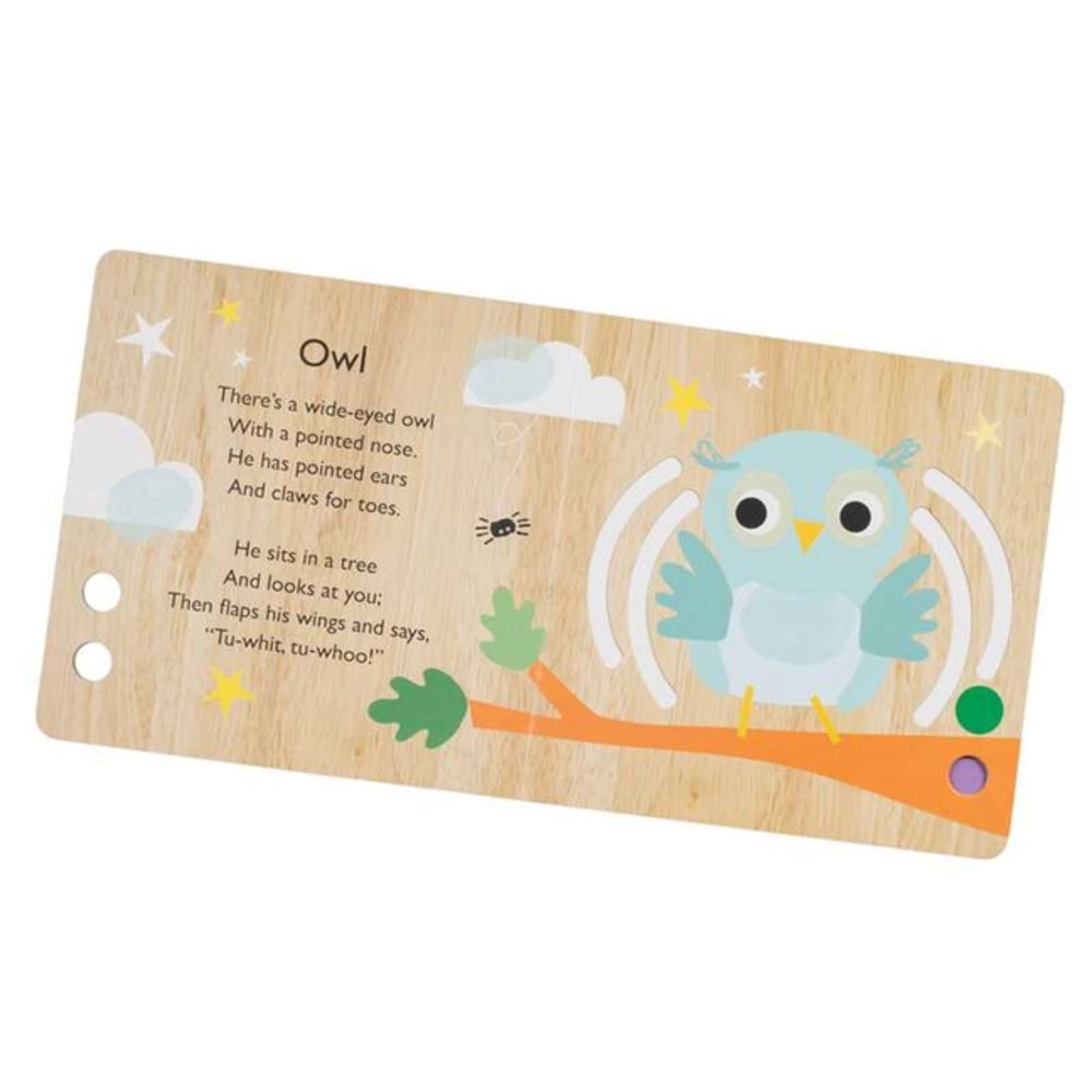 A wooden children's board book or educational card featuring a colorful owl illustration and a poem about an owl, photographed on a plain white background.
