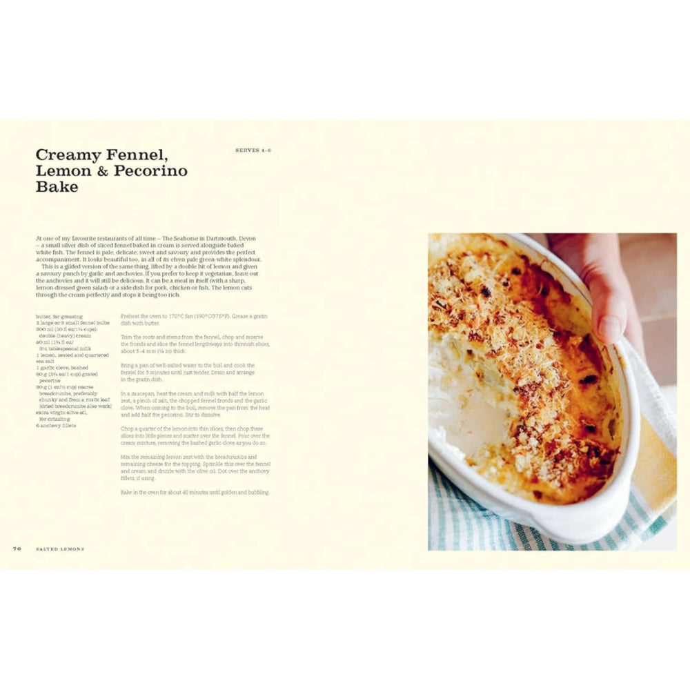 Recipe card for 'Creamy Fennel, Lemon & Pecorino Bake' with a dish being held.