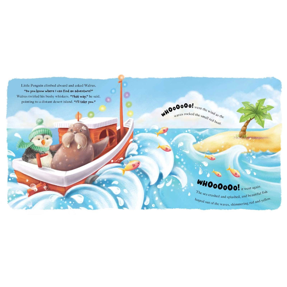 A children's picture book page showing a small red and white boat with penguins on the ocean waves, with a small tropical island and palm tree on the right. The page has colorful illustrations and text bubbles reading 'WHO OOOOOO!' and 'WHO OOOOOO!'.