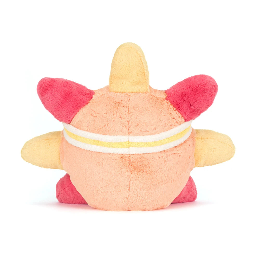 A photo of the back of a sun themed plush toy, with roller skates in orange, pink and yellow, with a white and yellow headband with yellow and white skates and brown legs on a white background