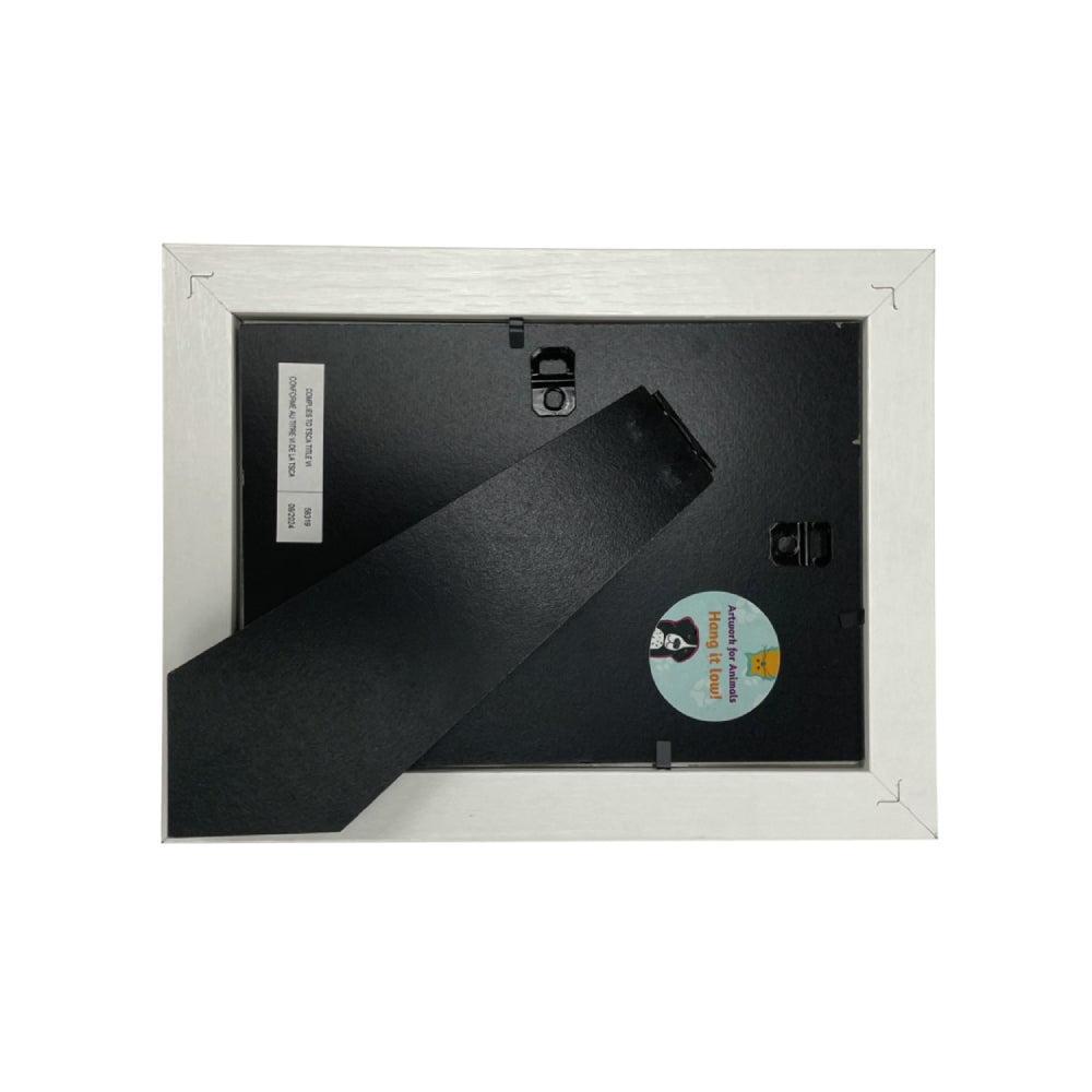 The back view of a picture frame with a white outer border and a black inner backing, showing the mounting holes and a hanging strip.