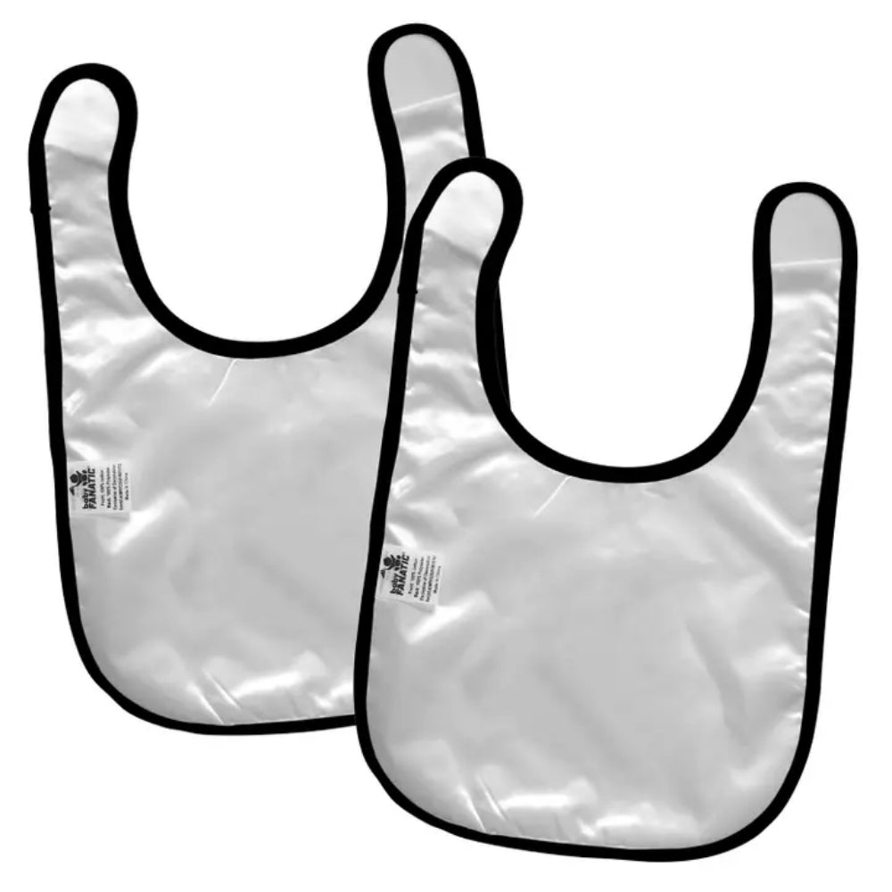 Two clear backs of bibs with black edges on a white background