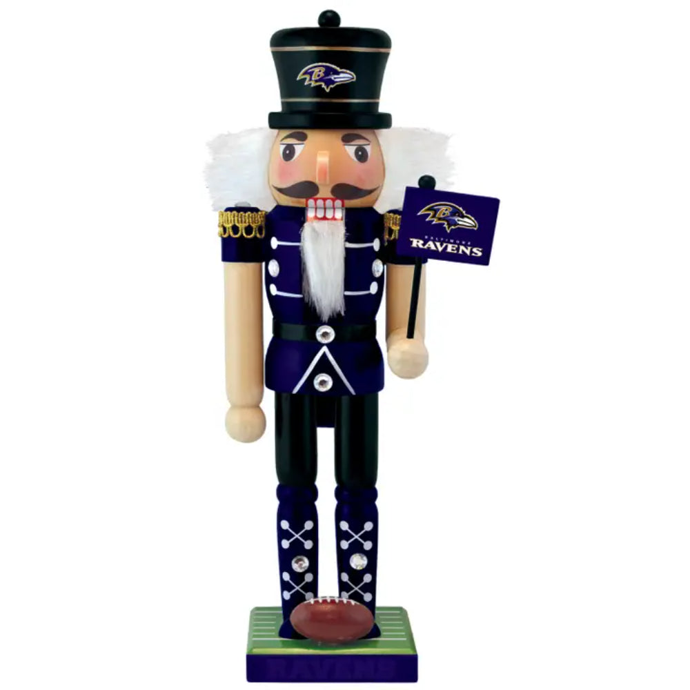 Nutcracker figurine with Baltimore Ravens logo on a white background