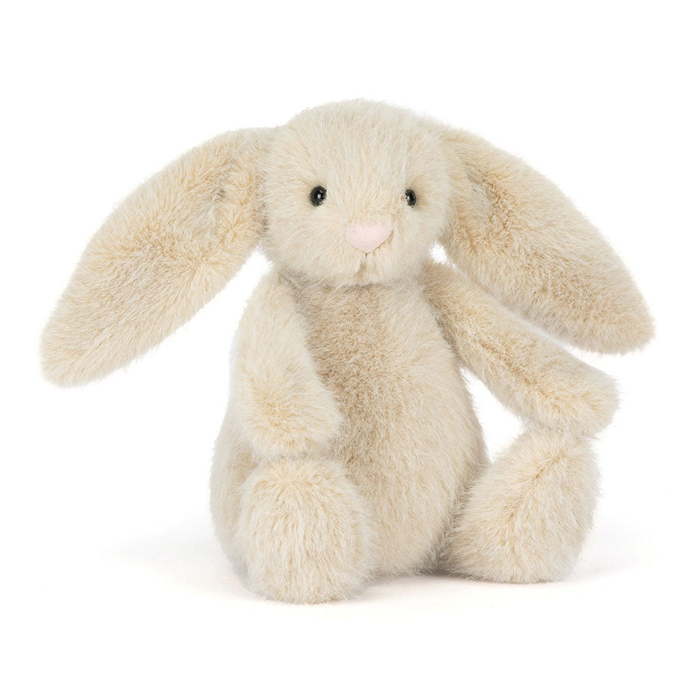 Wheat light beige plush bunny toy with long ears on a white background.