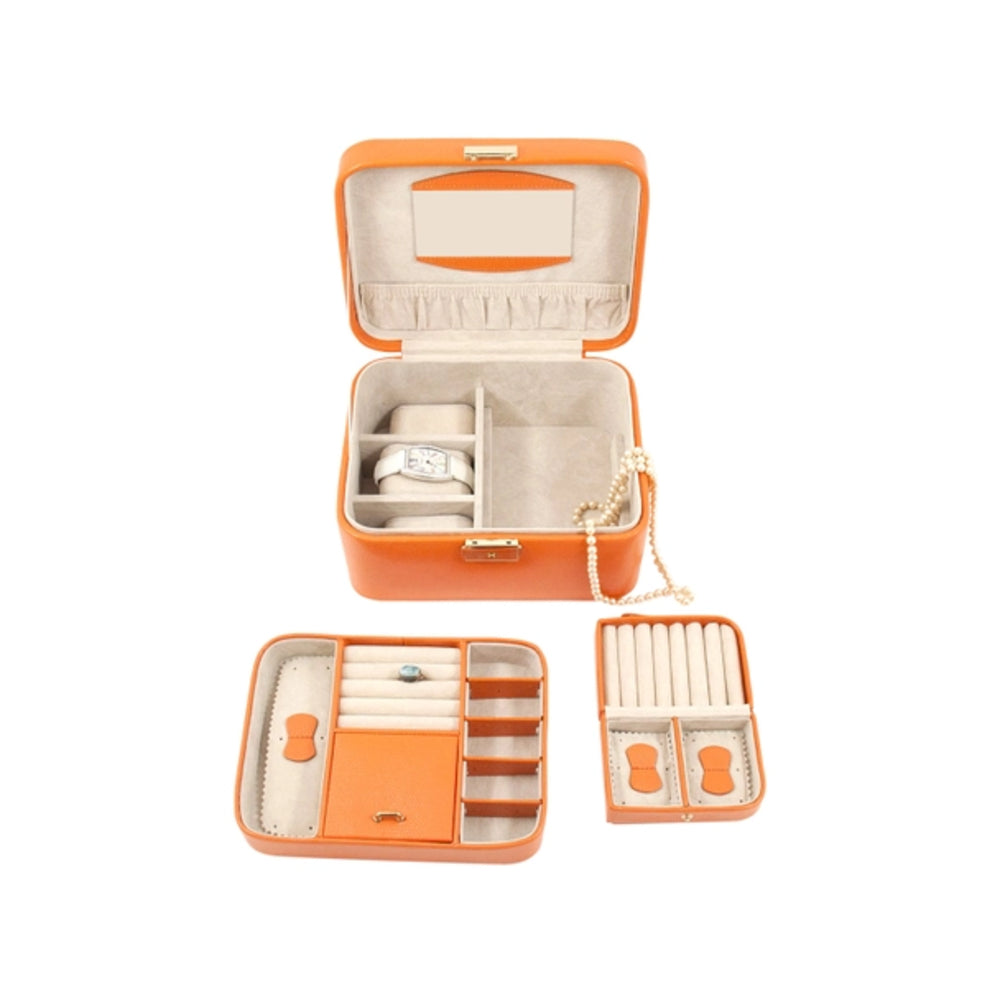 Orange jewelry case with compartments on a white background