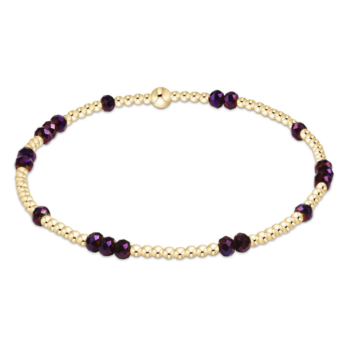 A delicate beaded bracelet featuring alternating strands of small gold-toned beads and dark purple faceted beads, displayed on a clean white background.