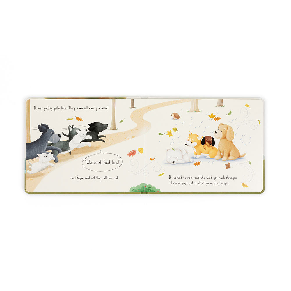 Illustrated book page with cartoon animals on a white background