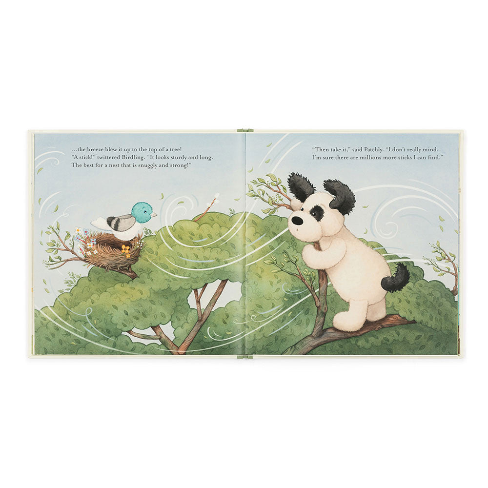 Book cover of 'The Pick of the Sticks' opened with a white dog in a tree in a storm with black text on a white background.