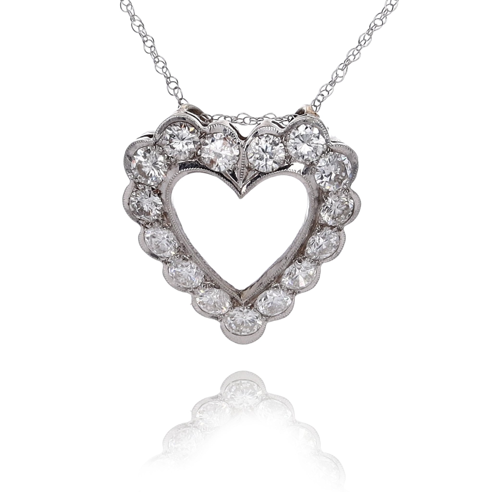 Estate 14 Karat White Gold Diamond Heart Shaped Pendant Necklace