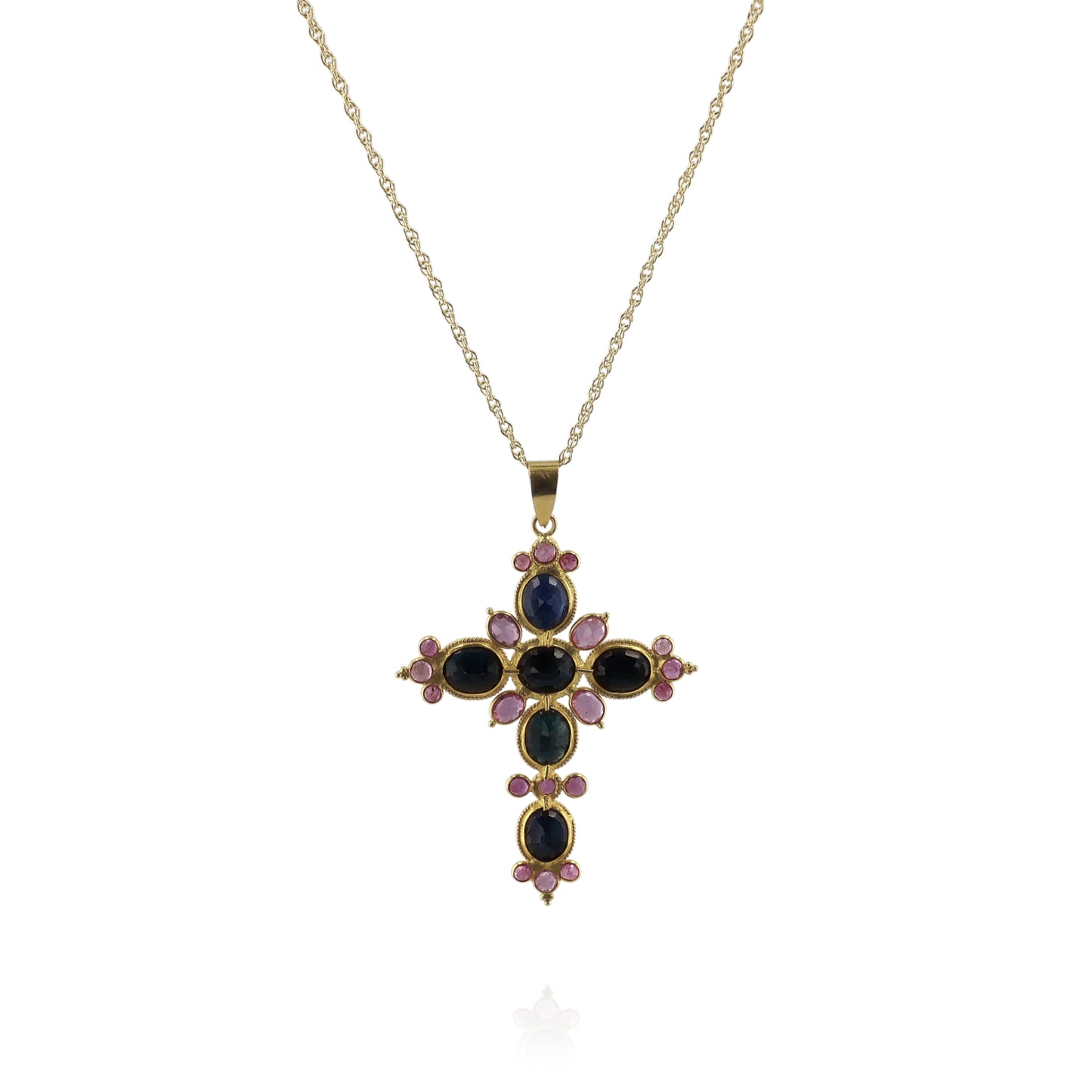 Estate 18k Yellow Gold Rope Border Pink and Blue Sapphire Cross Pendant *No Chain*