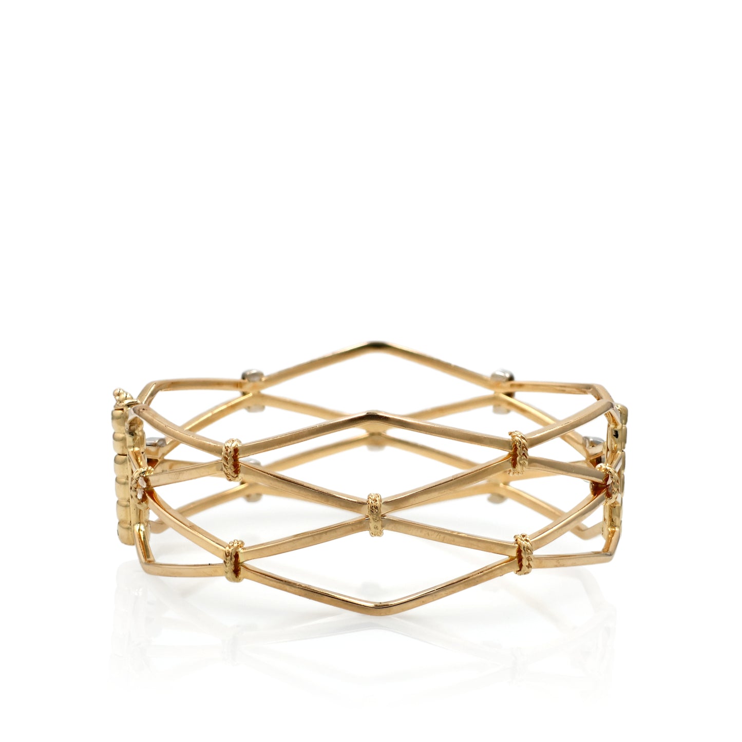 Estate 14k Yellow Gold Lattice Design Diamond Station Hinged Bangle Bracelet