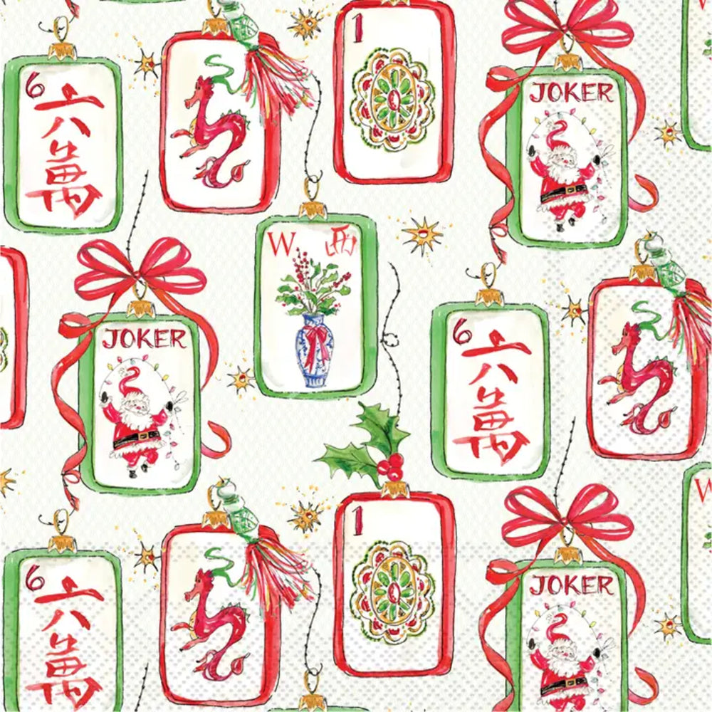 A repeating Christmas-themed pattern featuring red and green playing cards with festive illustrations, including Santa Claus, ornaments, holly, stars, and the words 'JOKER' and Chinese numerals, on a white background.