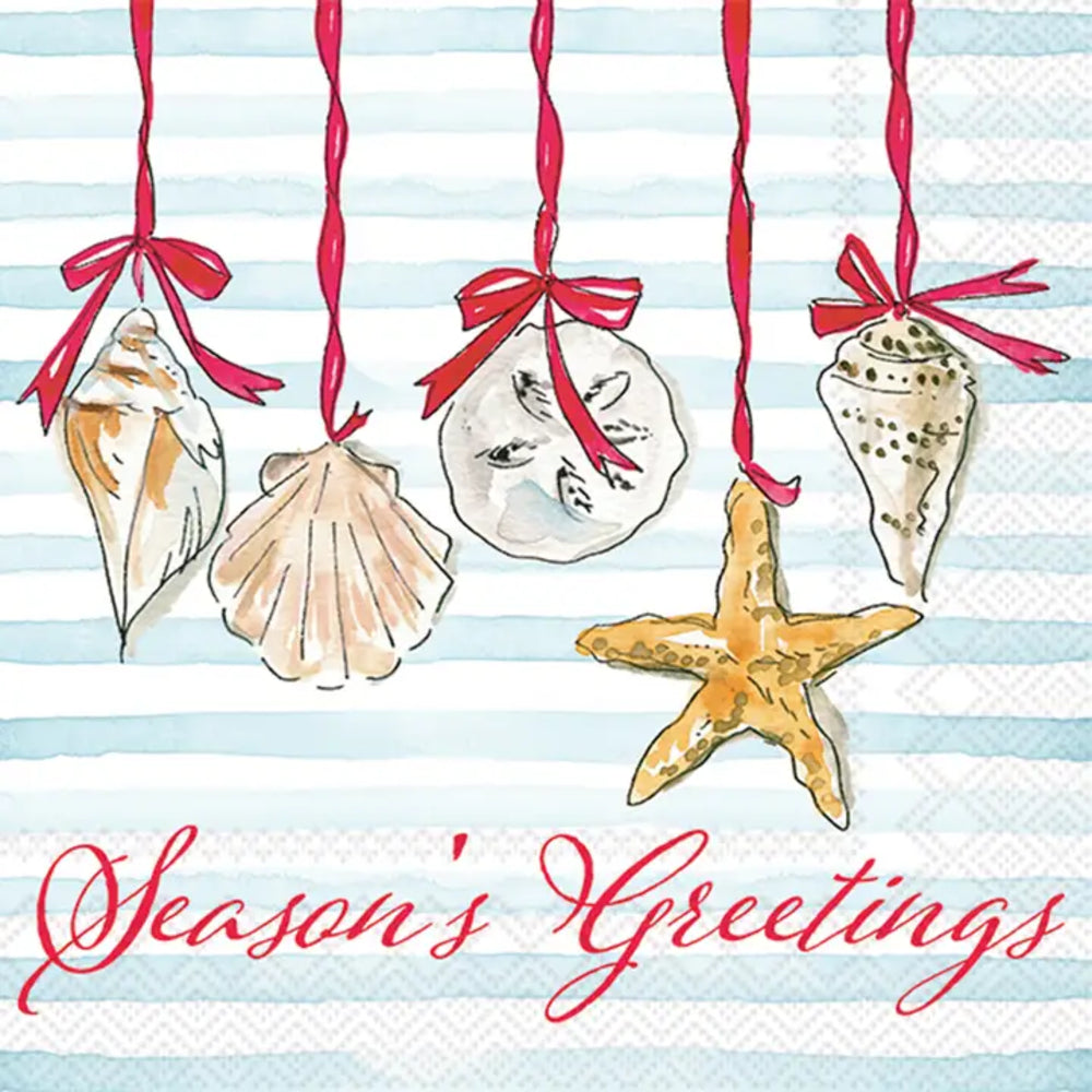 Season's Greetings card with shells and a starfish on a striped background