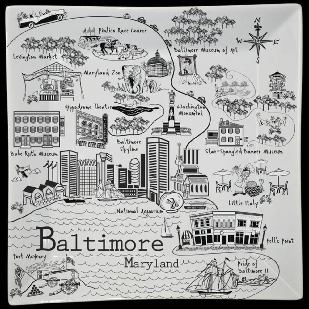 Illustrated map of Baltimore, Maryland with various landmarks.