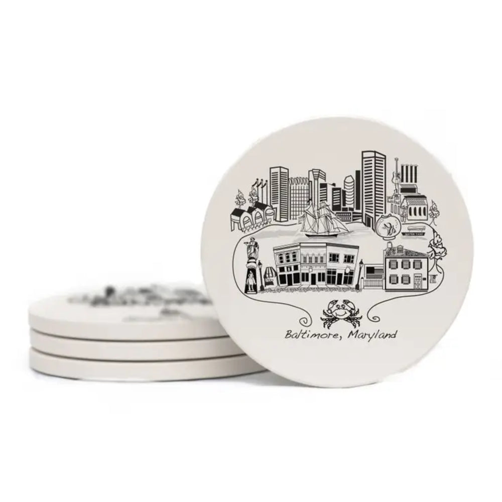 Set of coasters with a black and white illustration of Baltimore, Maryland on a white background