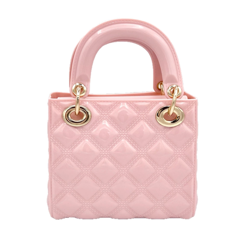 A quilted ballet pink handbag with a matching cross-body strap