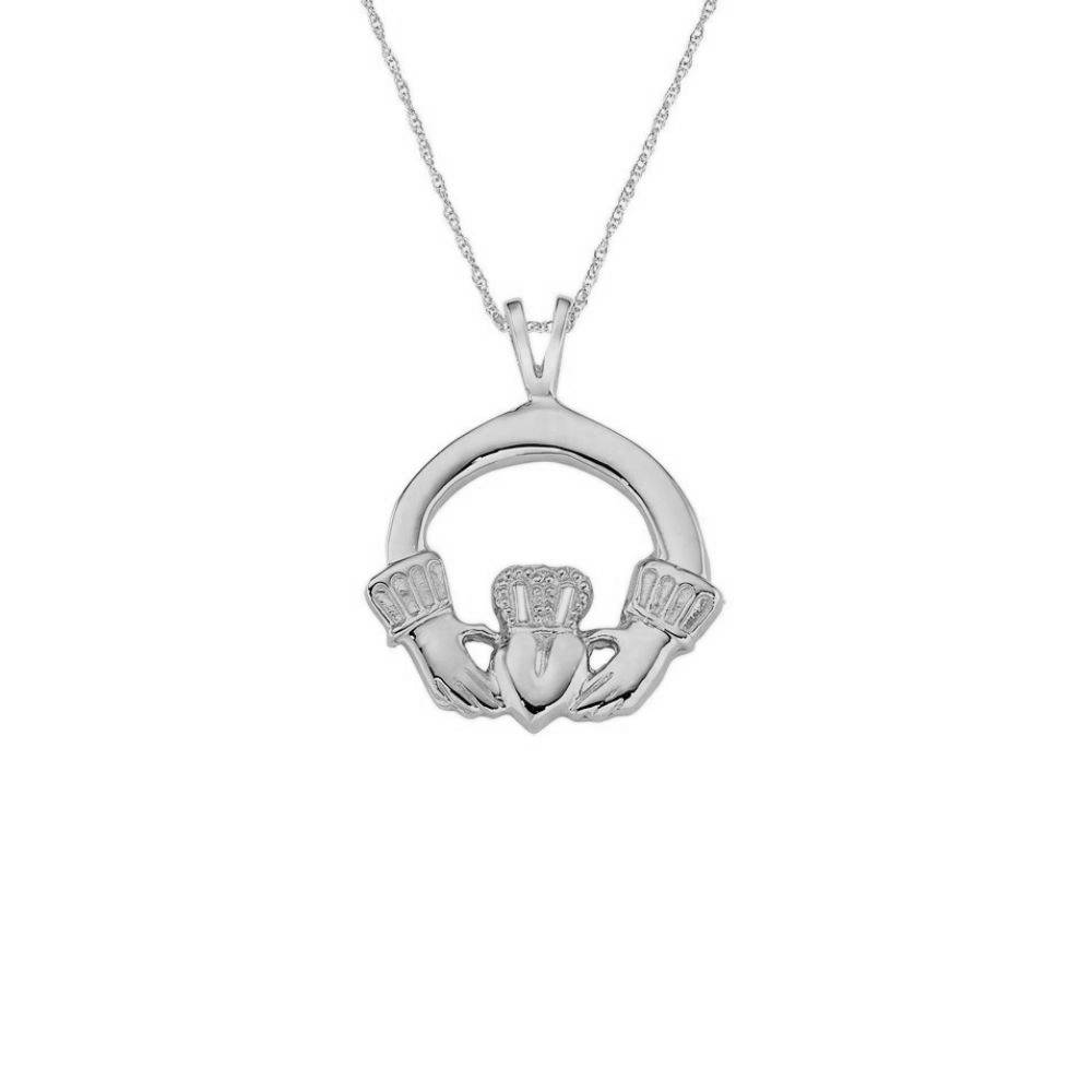 A white gold claddagh pendant on a white background