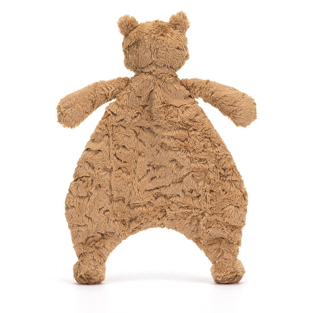 Back of a brown teddy bear plush baby comforter toy on a white background.