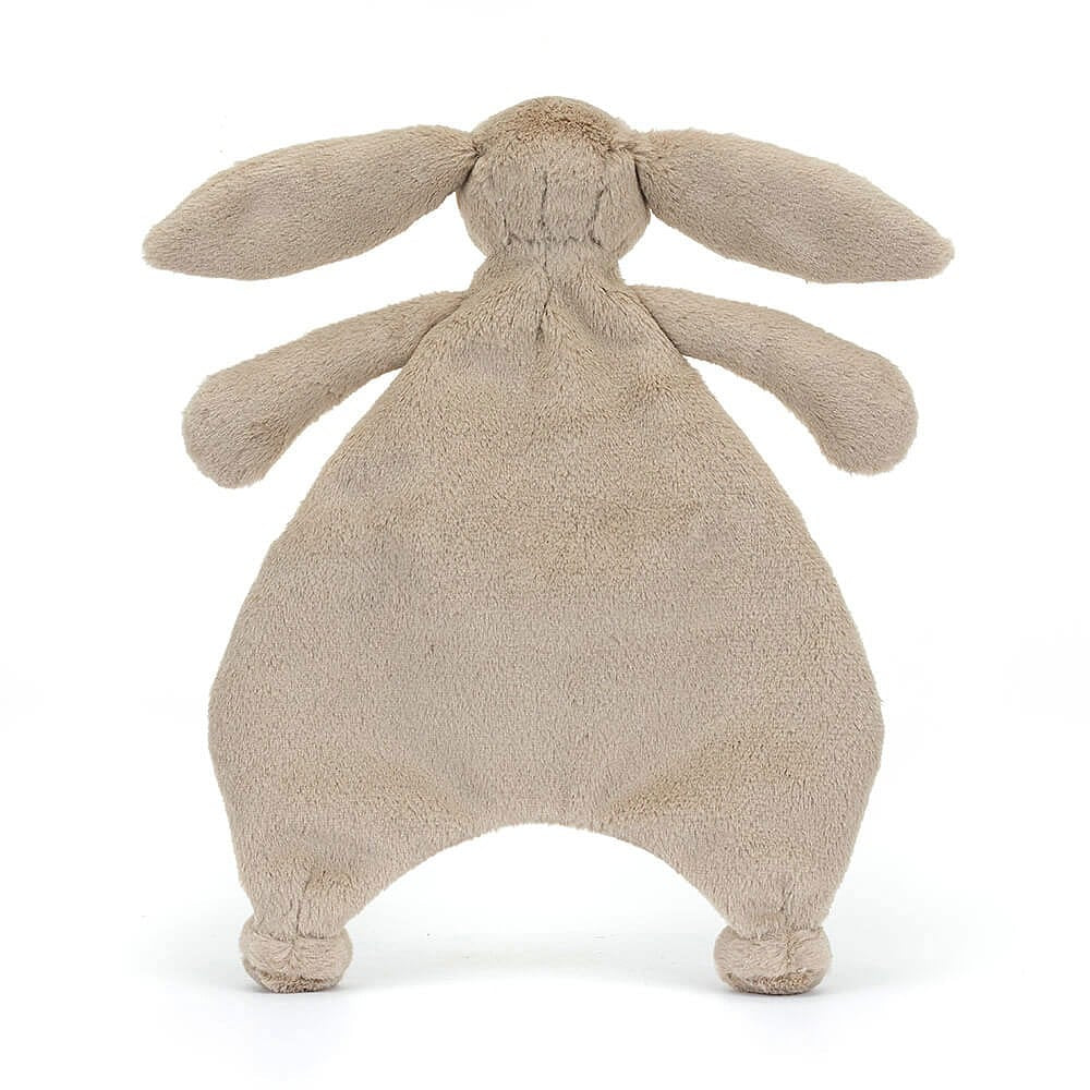Back of a beige plush bunny baby comforter toy on a white background.