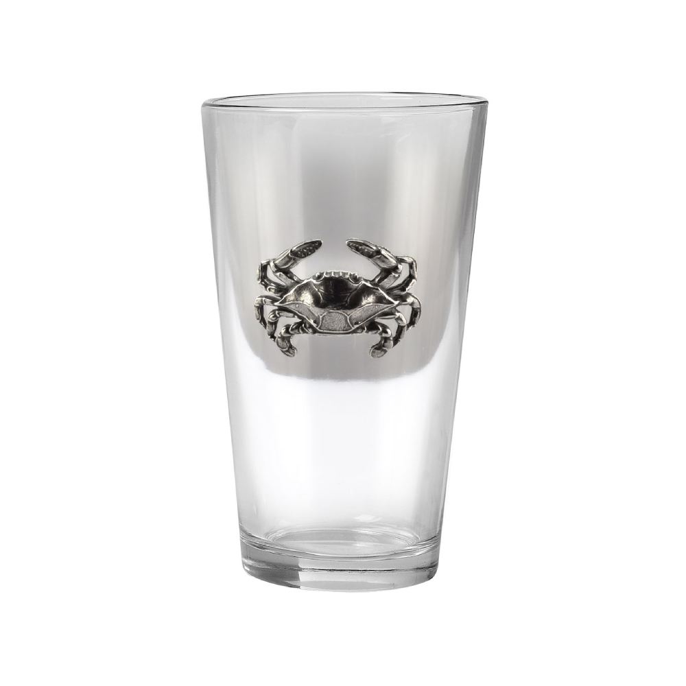Clear glass with a silver crab emblem on a white background.