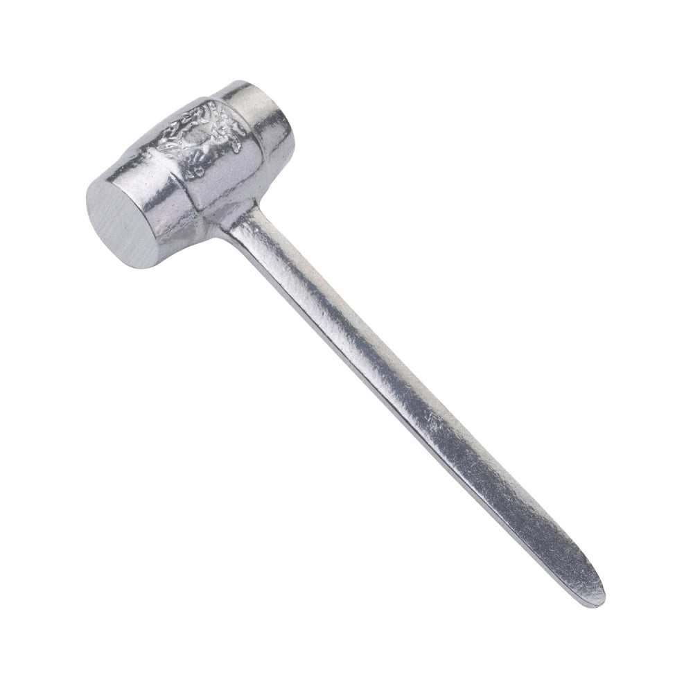 Silver metal crab mallet with engraved crab on the head on a white background.