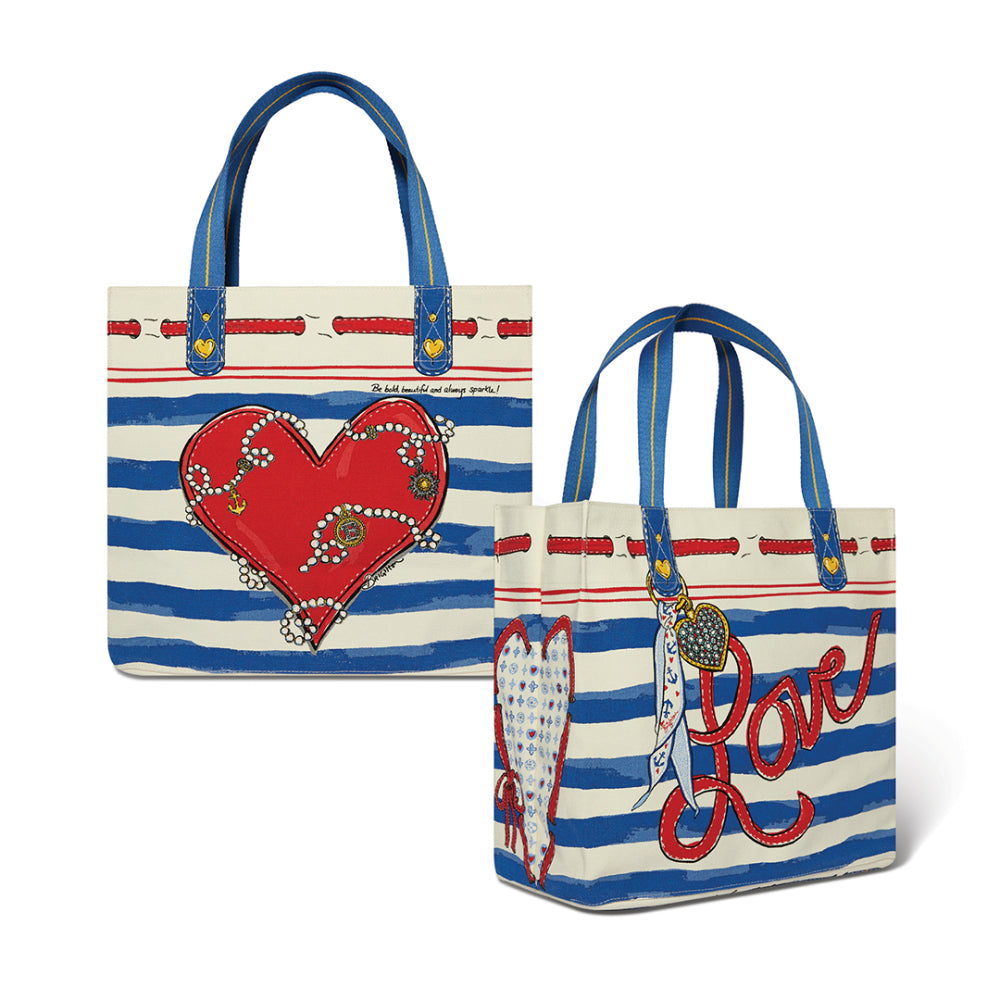 Front and back of the brighton Striped Love Tote Bag with blue and white stripes, red hearts, and decorative elements on a white background.