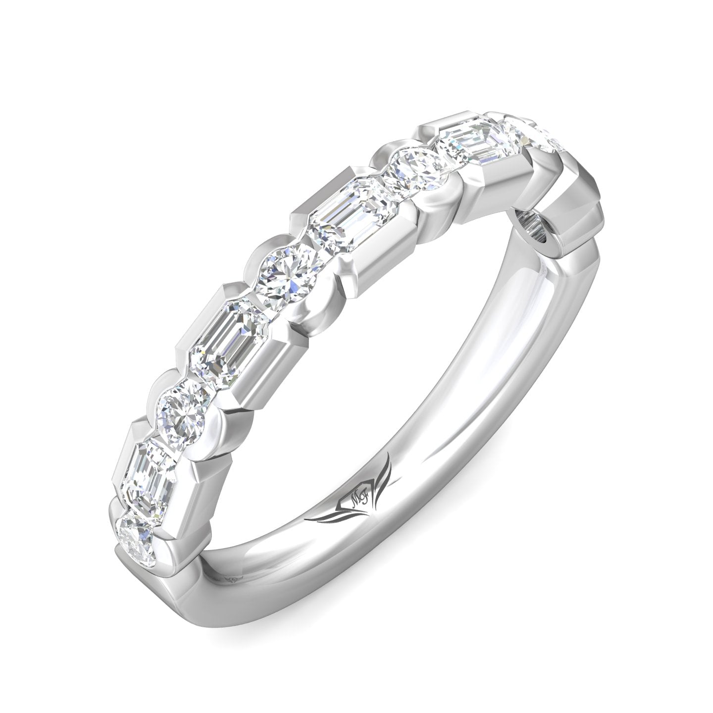 A silver diamond eternity ring featuring a row of baguette and round-cut diamonds set in a polished silver band, shown on a clean white background.