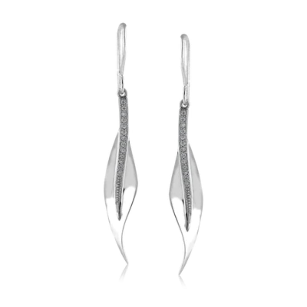 A pair of Simon G. 18k gold fallen leaves drop earrings, adorned with sparkling white diamonds, displayed against a white background.