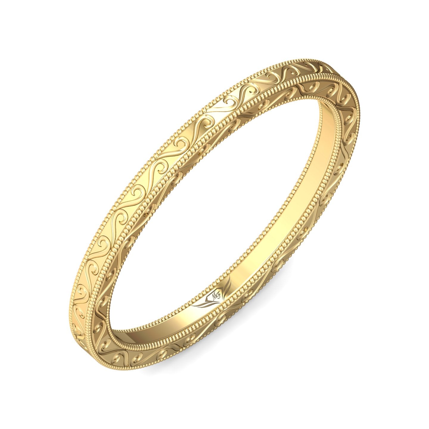 A gold bangle bracelet with an ornate engraved floral pattern and a beaded border, shown on a clean white background.