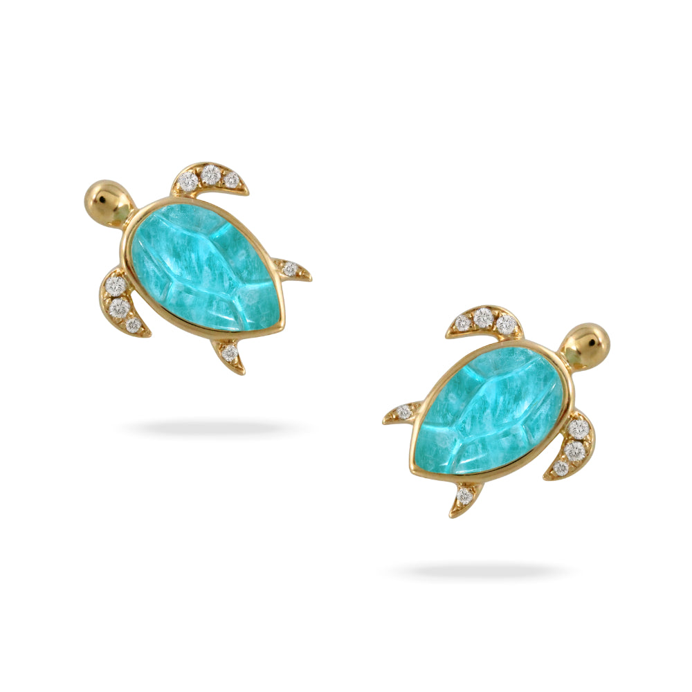 Doves 18k Gold Amazonite and Diamond Turtle Stud Earrings
