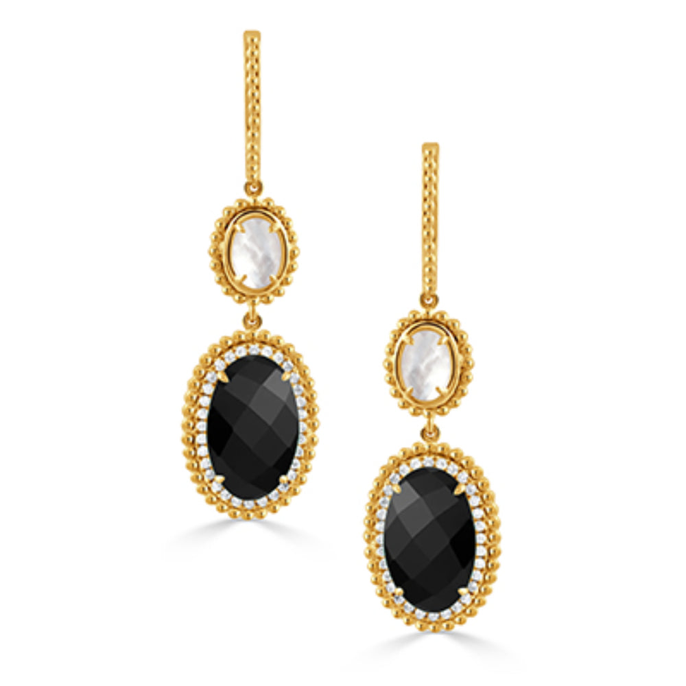 18k Gold Onyx and Mother of Pearl Drop Earrings