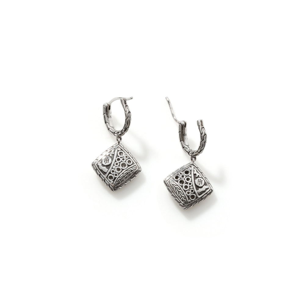 John Hardy Classic Chain Hammered Diamond Square Drop Earrings
