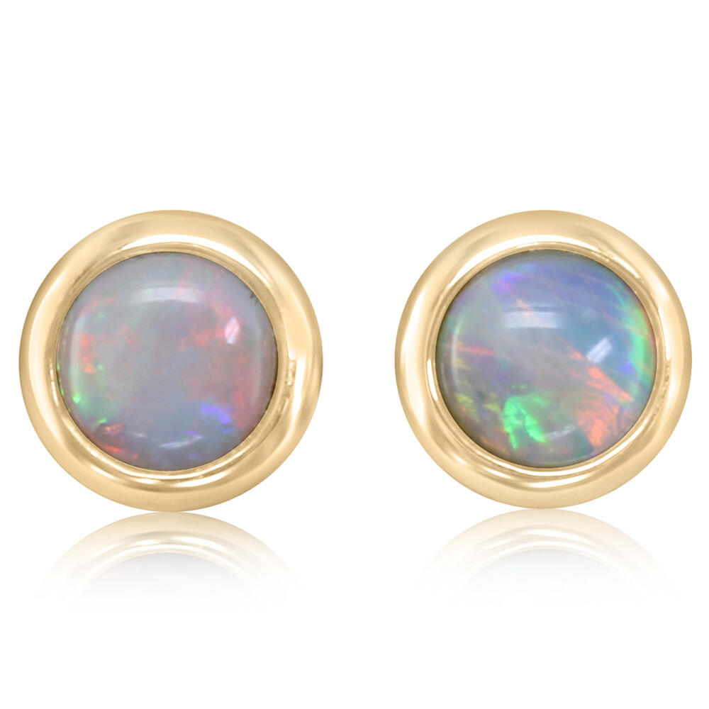 14k Gold Round Bezel Set Opal Stud Earrings