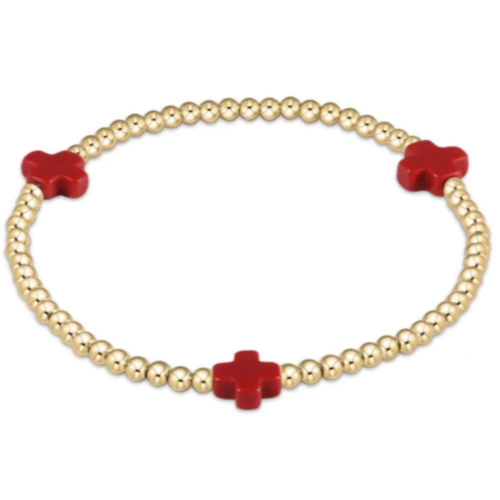 enewton 5.5" egirl Signature Cross Gold Pattern 3mm Bead Bracelet - Red
