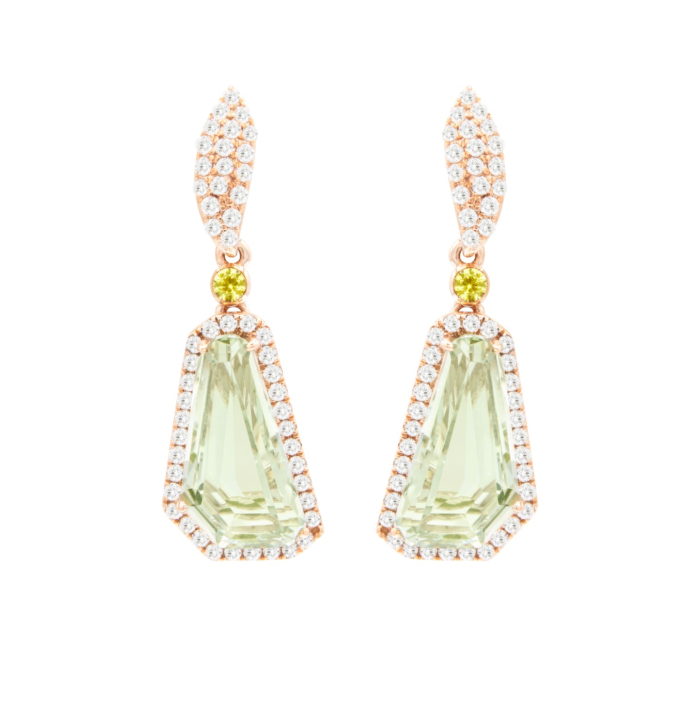 Bellari 14k Rose Gold Diamond and Prasiolite Drop Earrings