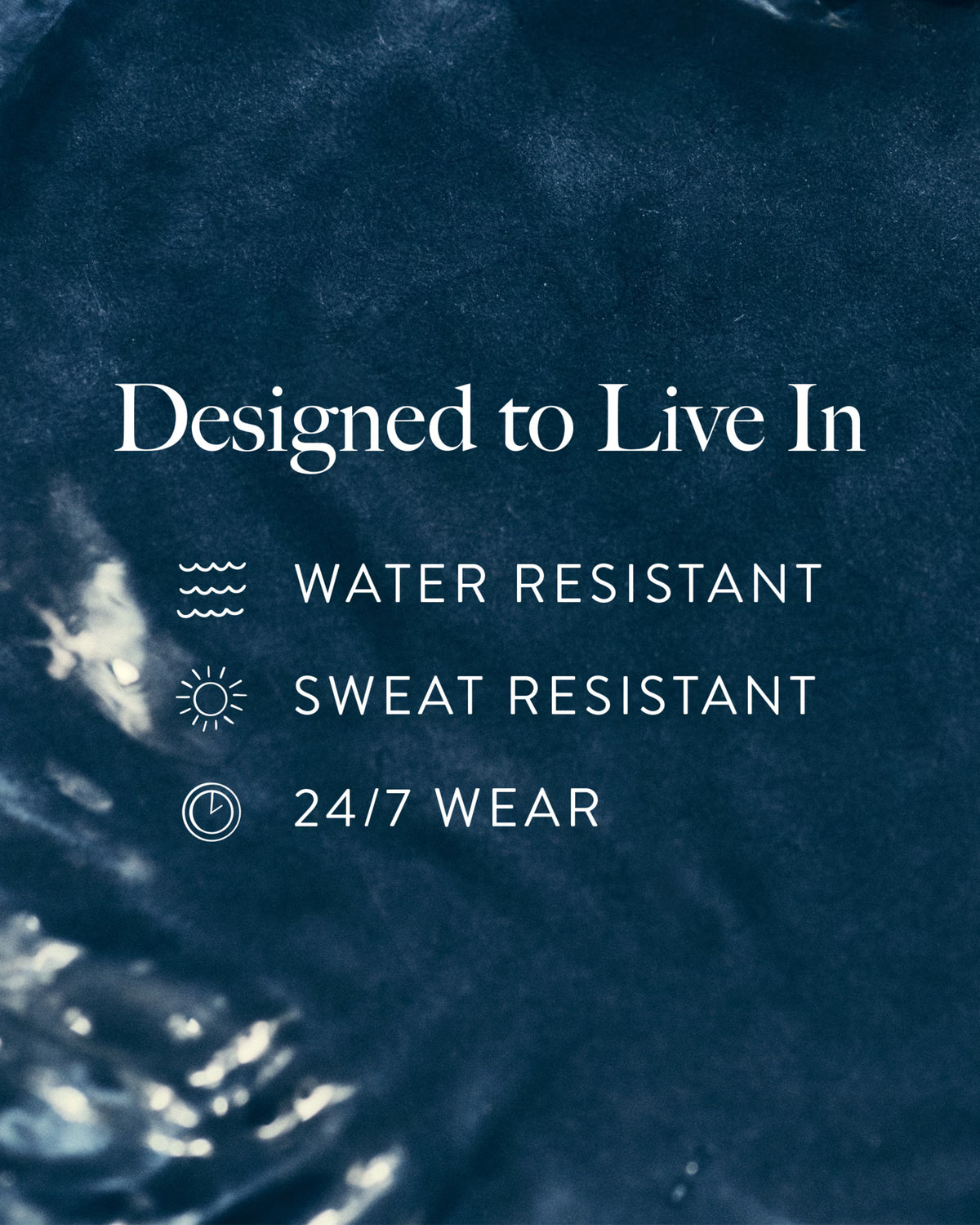 Dark blue textured background with white text reading 'Designed to Live In' and feature callouts: 'WATER RESISTANT,' 'SWEAT RESISTANT,' and '24/7 WEAR.'.