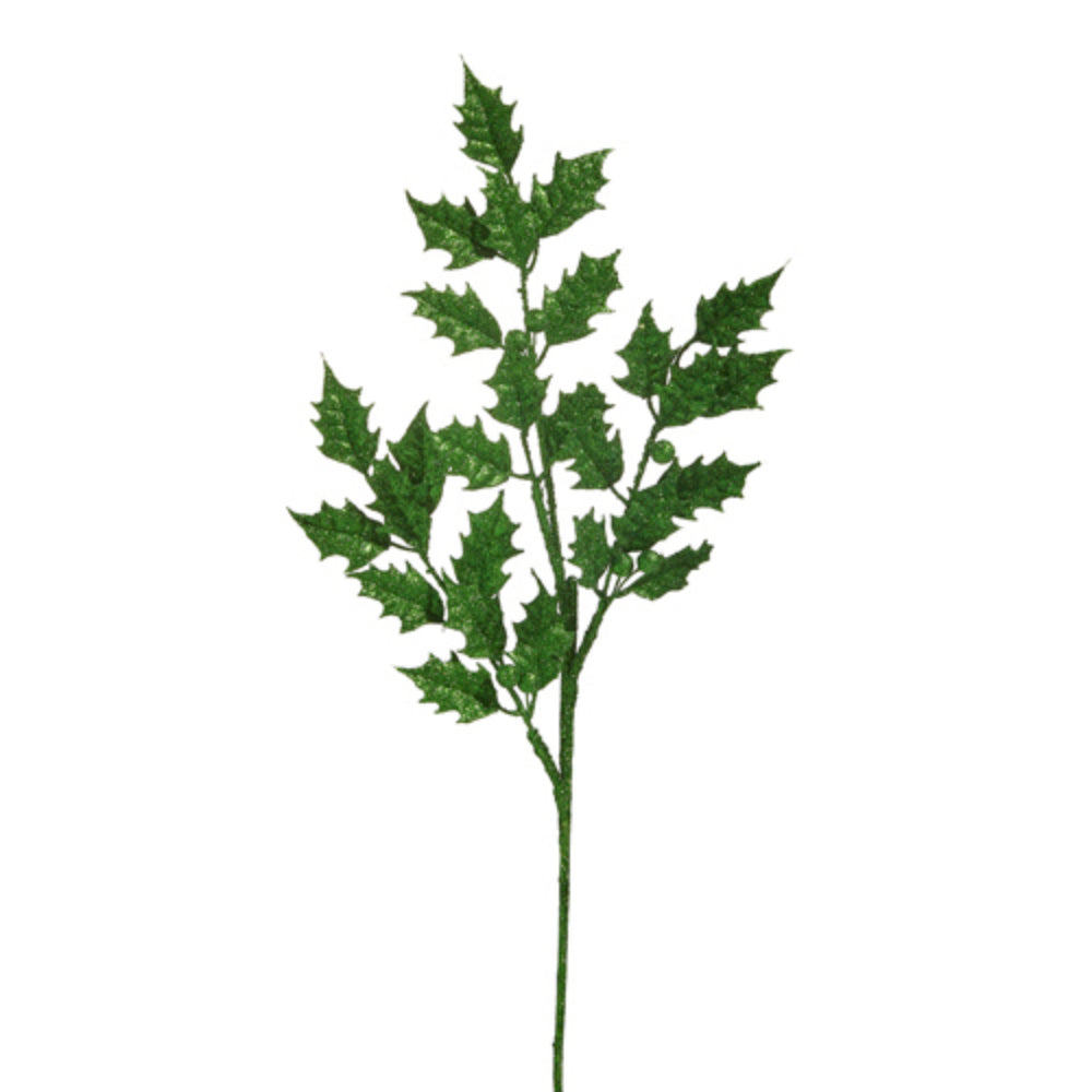 29" Green Glittered Holly Leaf Spray