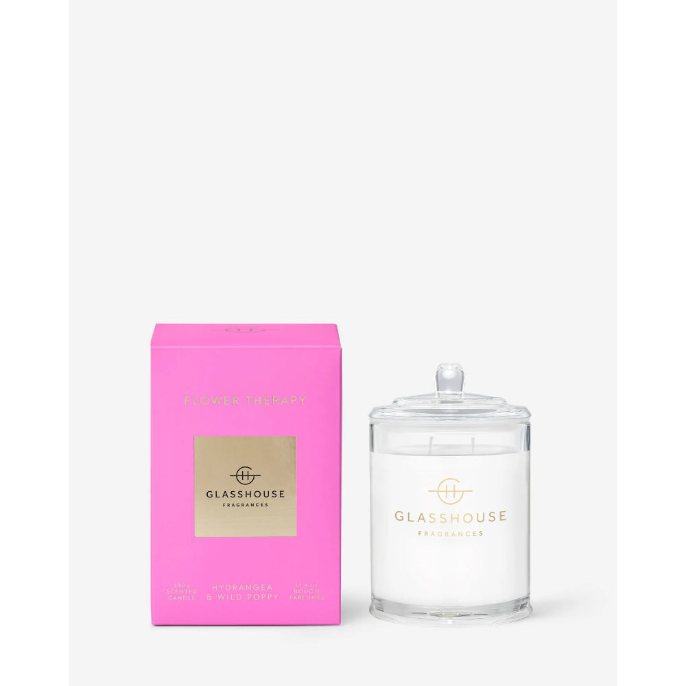 Glasshouse Fragrances Flower Therapy 13.4 oz Candle on white background.