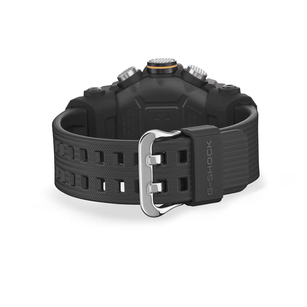 Black G-Shock watch with a textured strap on a white background