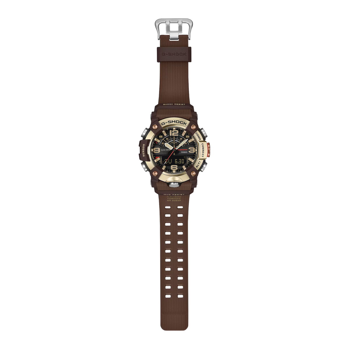 A Casio G-Shock watch with a brown strap, brown case, and a black dial featuring beige and red accents, shown against a plain white background.